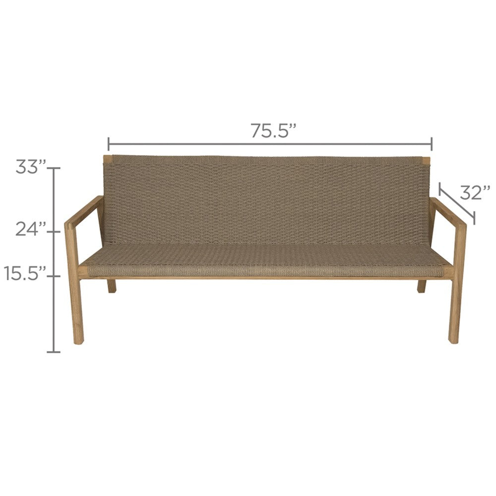 Outdoor loveseat with dark gray cushion and light wood frame, 75.5 in wide
