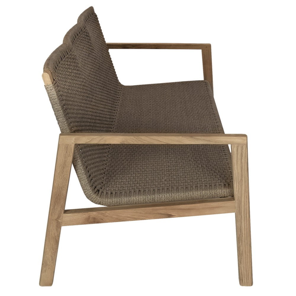 Outdoor armchair with dark gray woven seat and back, light wood arm frame