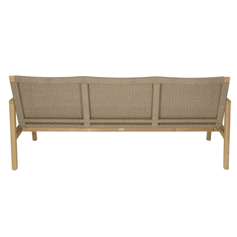 Outdoor loveseat with sand woven cushions and light wood frame, three cushion sections