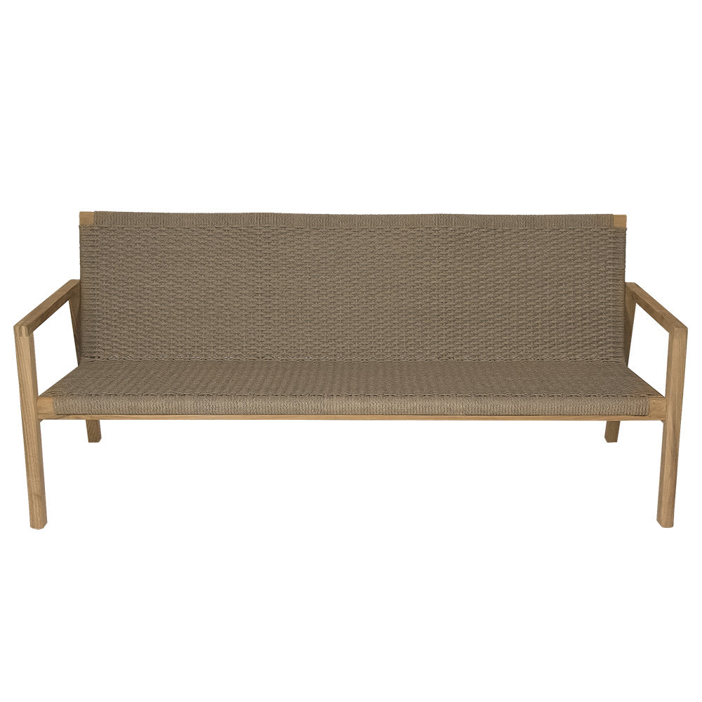 Outdoor loveseat with tan woven cushions and light wood frame, curved armrests