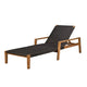 Outdoor sun lounger with dark woven seat and backrest, teak frame
