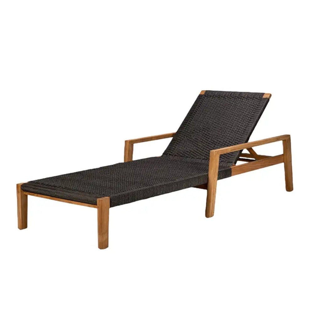 Outdoor lounge chair with charcoal woven seat and teak frame
