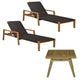 3-piece outdoor lounge set: two charcoal lounge chairs and matching teak table