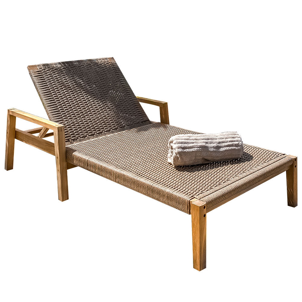Outdoor lounge chair set: sand cushion, dark woven back, and teak wood frame
