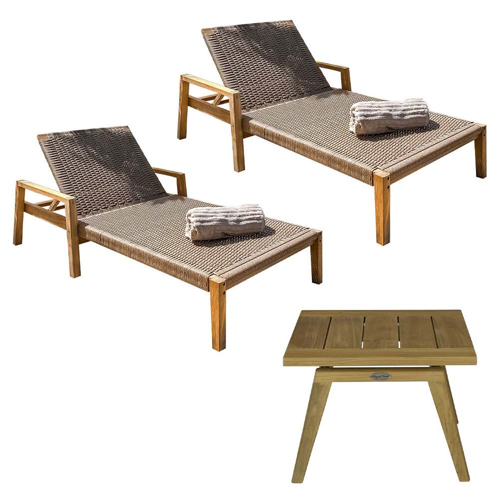 Outdoor lounge set with two cushioned chairs and a square teak coffee table, sand