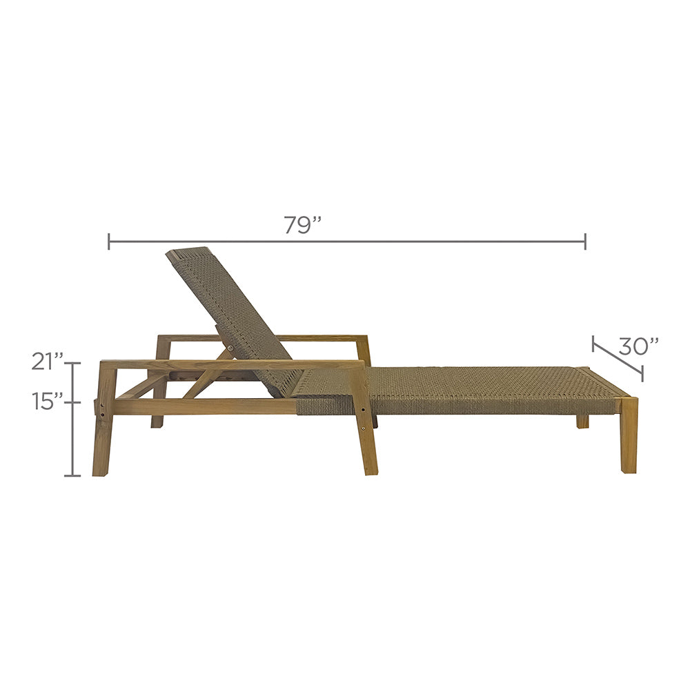 Adjustable outdoor lounge chair with gray-brown woven seat and teak frame