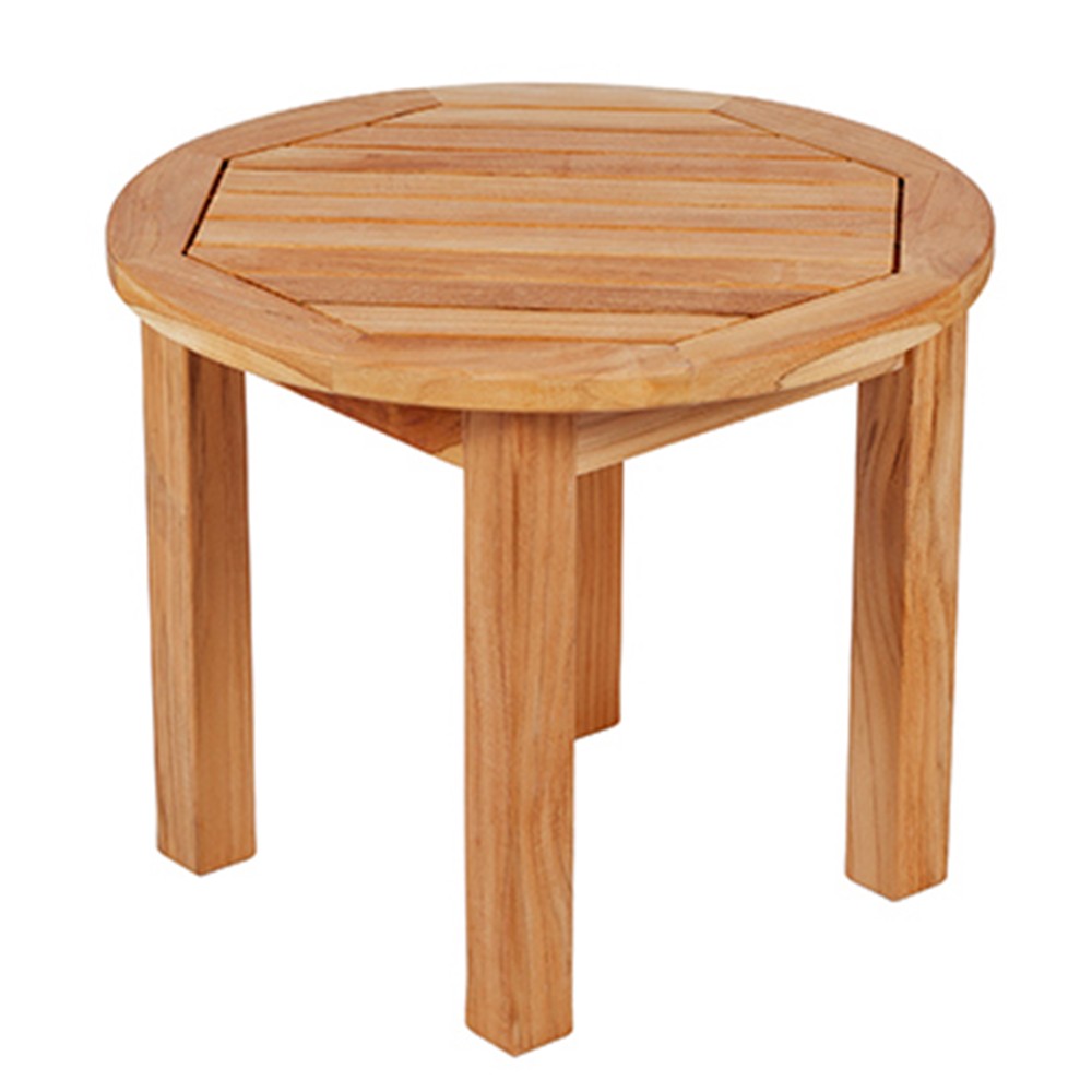 Round teak side table with slatted top and four tapered legs