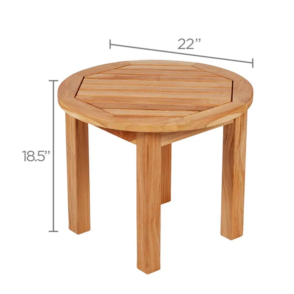 Round teak side table, 22 in diameter and 18.5 in height