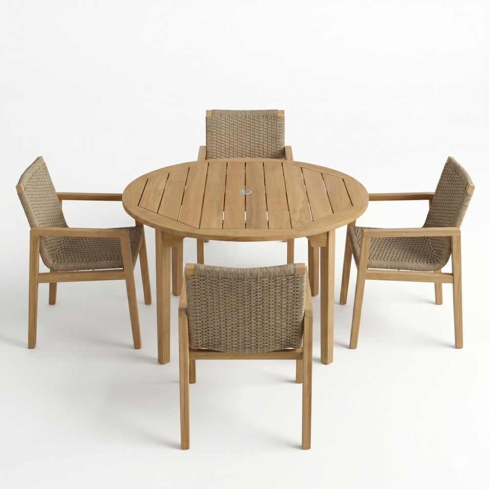 Teak round dining table with slatted top and four legs