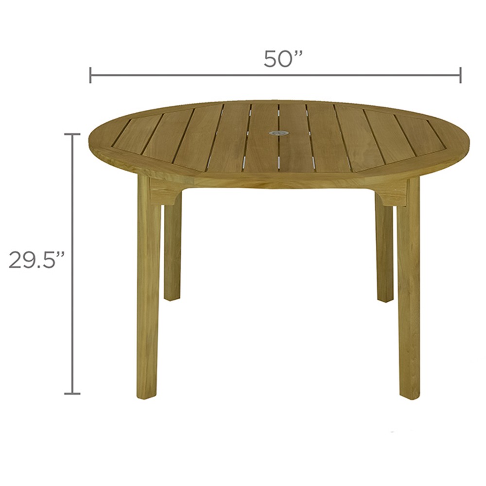 Round teak dining table with 50-inch slatted top