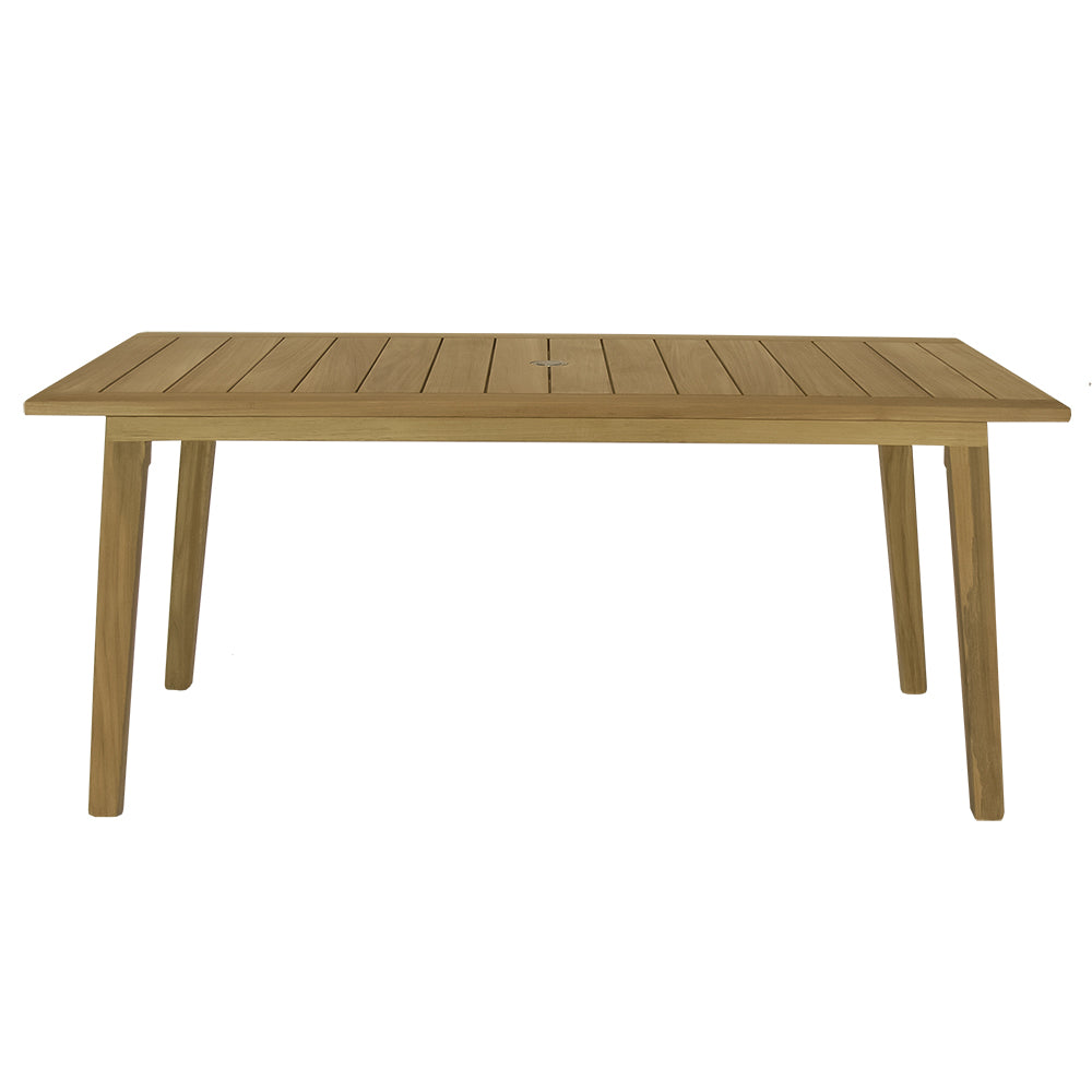 Teak dining table with slatted tabletop and tapered legs, front view