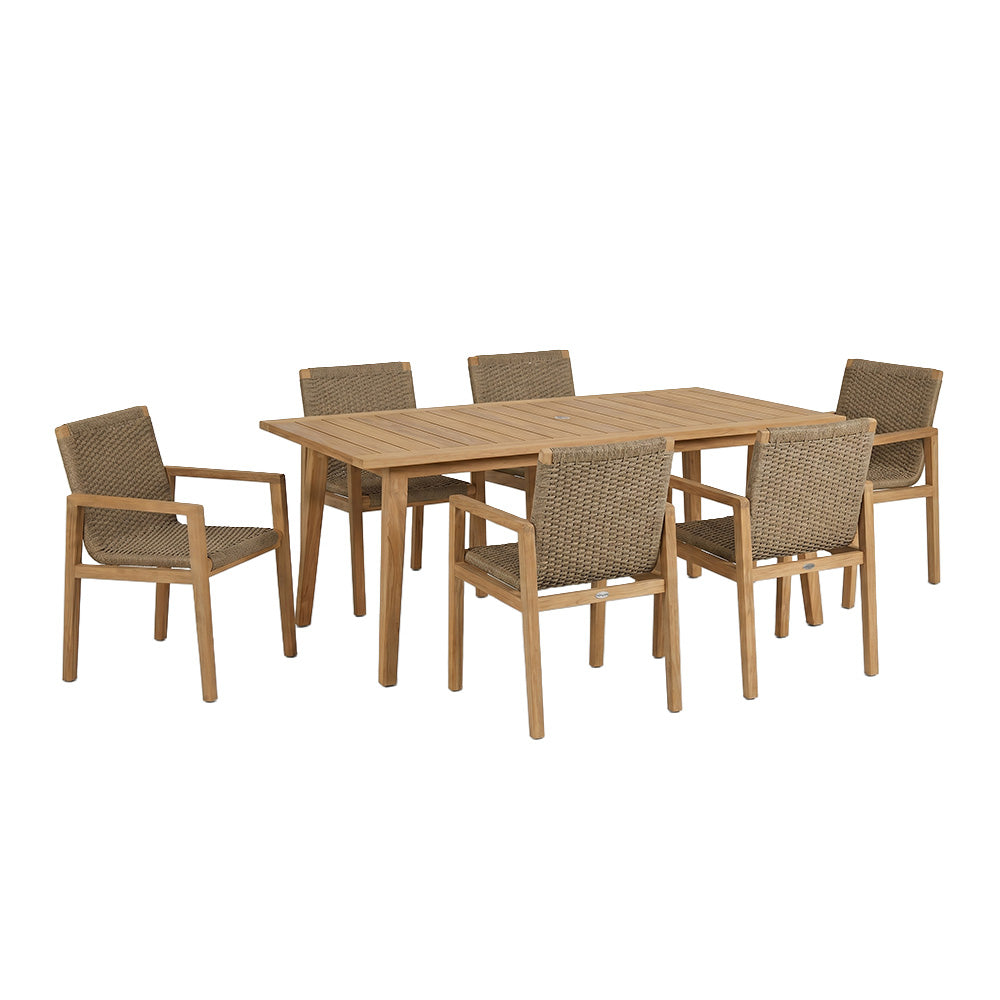 Teak dining table with woven dining chairs, rectangular tabletop and armrests