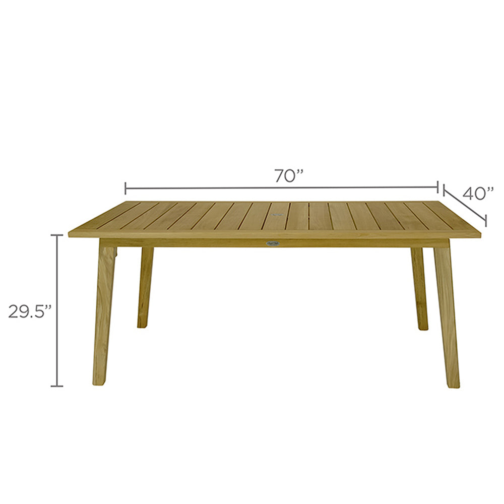 Rectangular teak dining table, 70 in long x 40 in wide, 29.5 in high