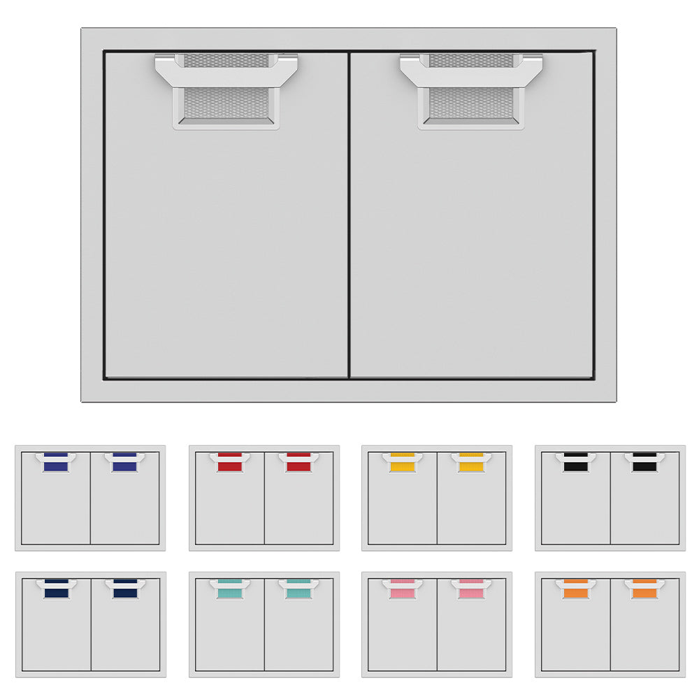 Double access doors with two panels and mesh vents, grey color accents