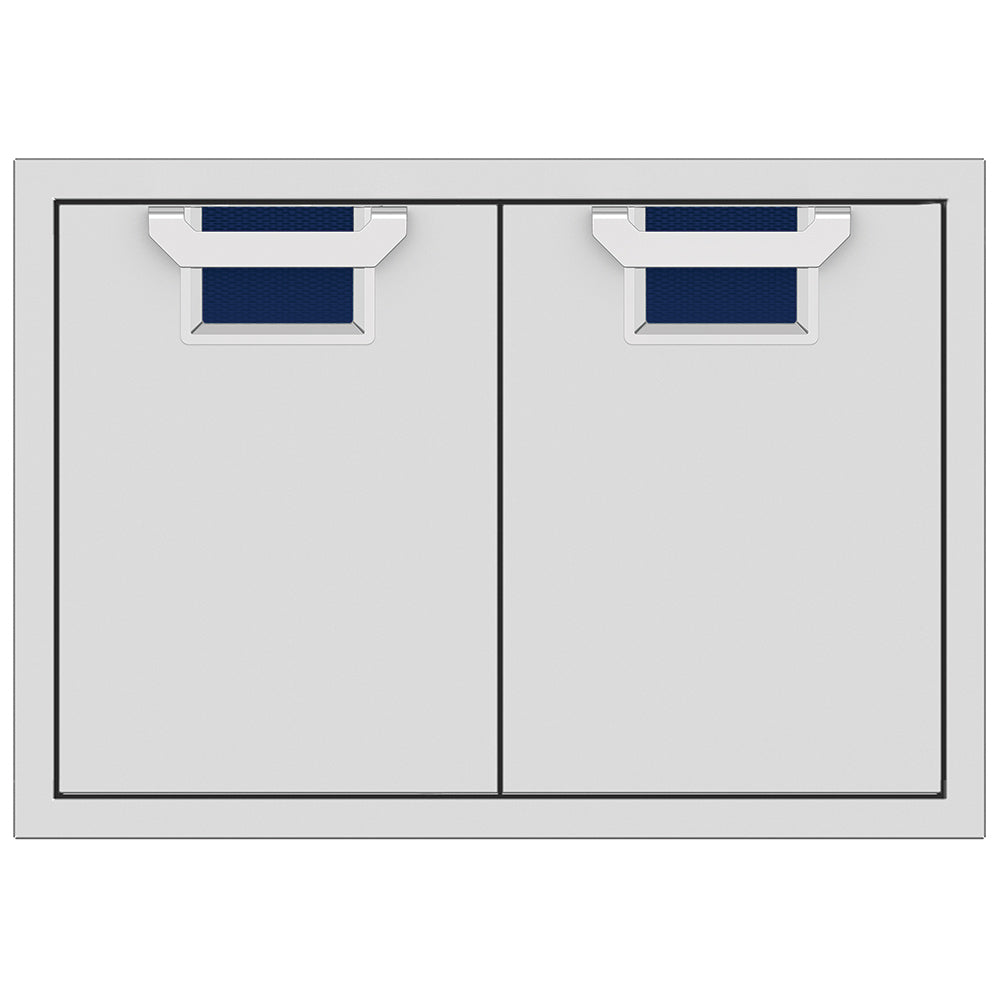 Double access doors with two panels and mesh vents, dark blue color accents
