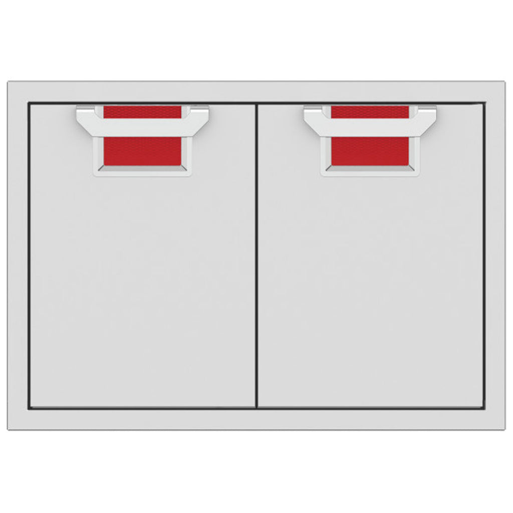 Double access doors with two panels and mesh vents, red color accents