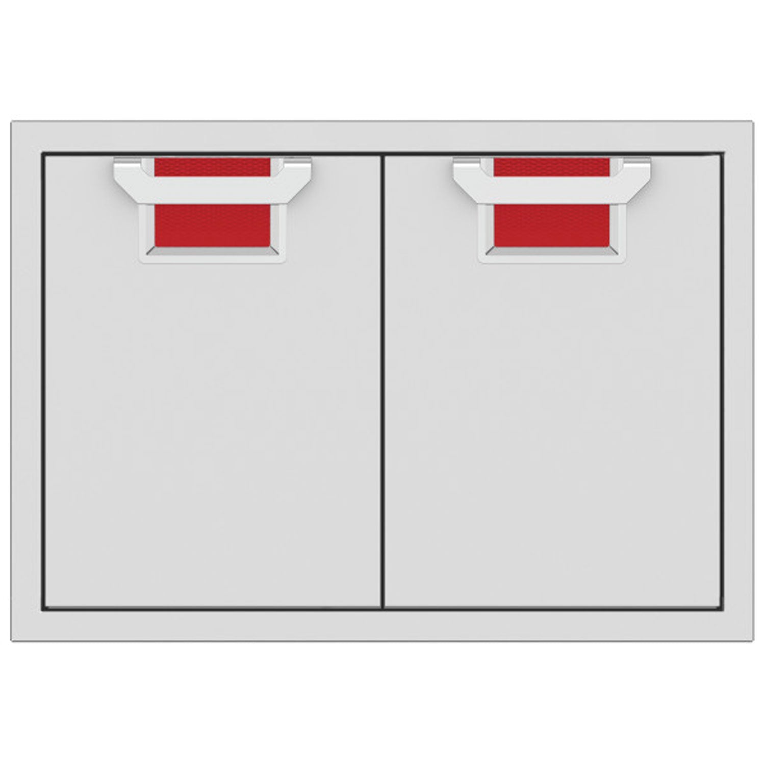 Double access doors with two panels and mesh vents, red color accents