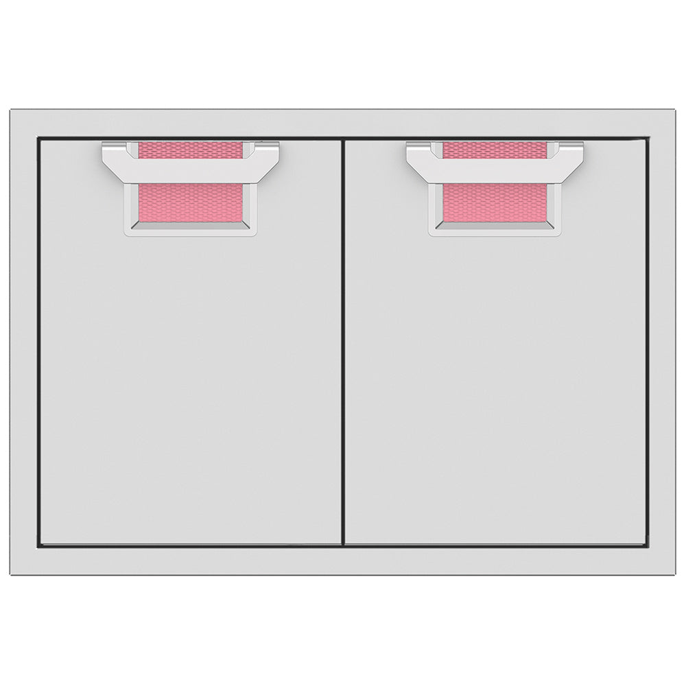 Double access doors with two panels and mesh vents, pink color accents