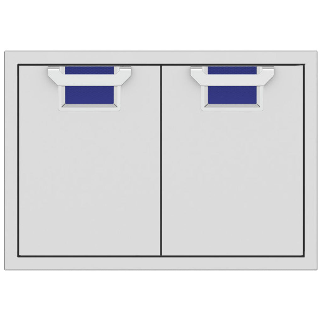 Double access doors with two panels and mesh vents, blue color accents