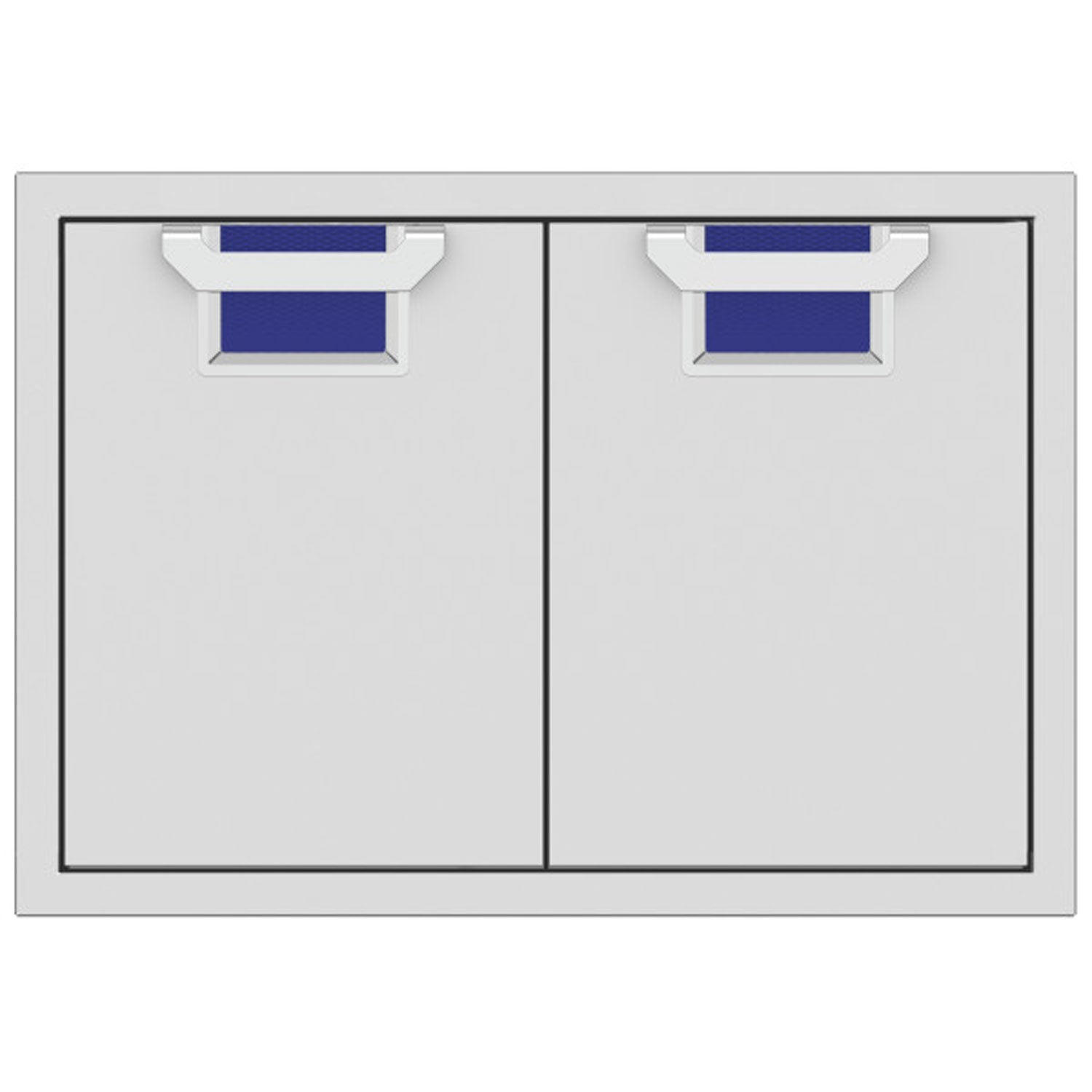 Double access doors with two panels and mesh vents, blue color accents