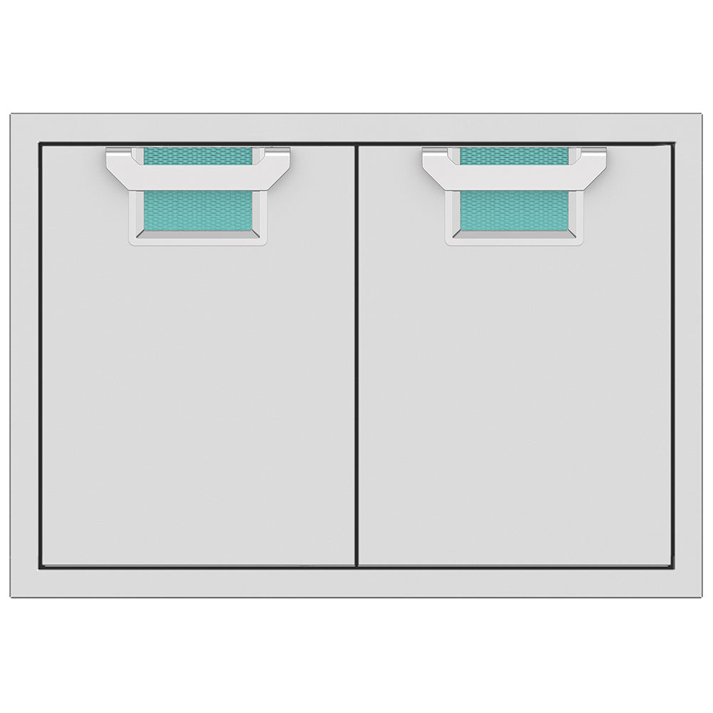 Double access doors with two panels and mesh vents, teal color accents