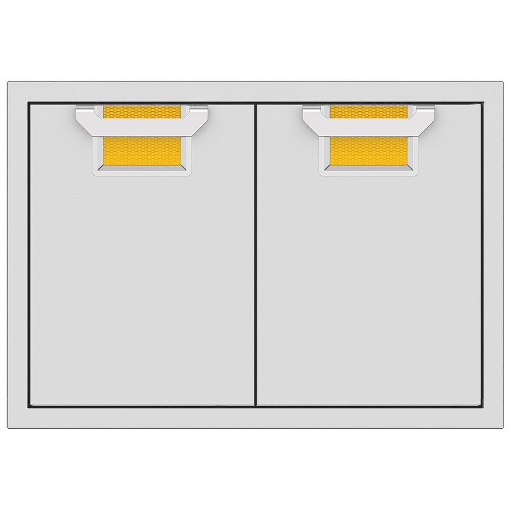Double access doors with two panels and mesh vents, yellow color accents