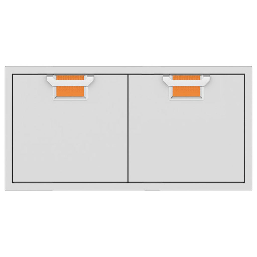 Double access doors with two light-gray panels and orange vent inserts at the top