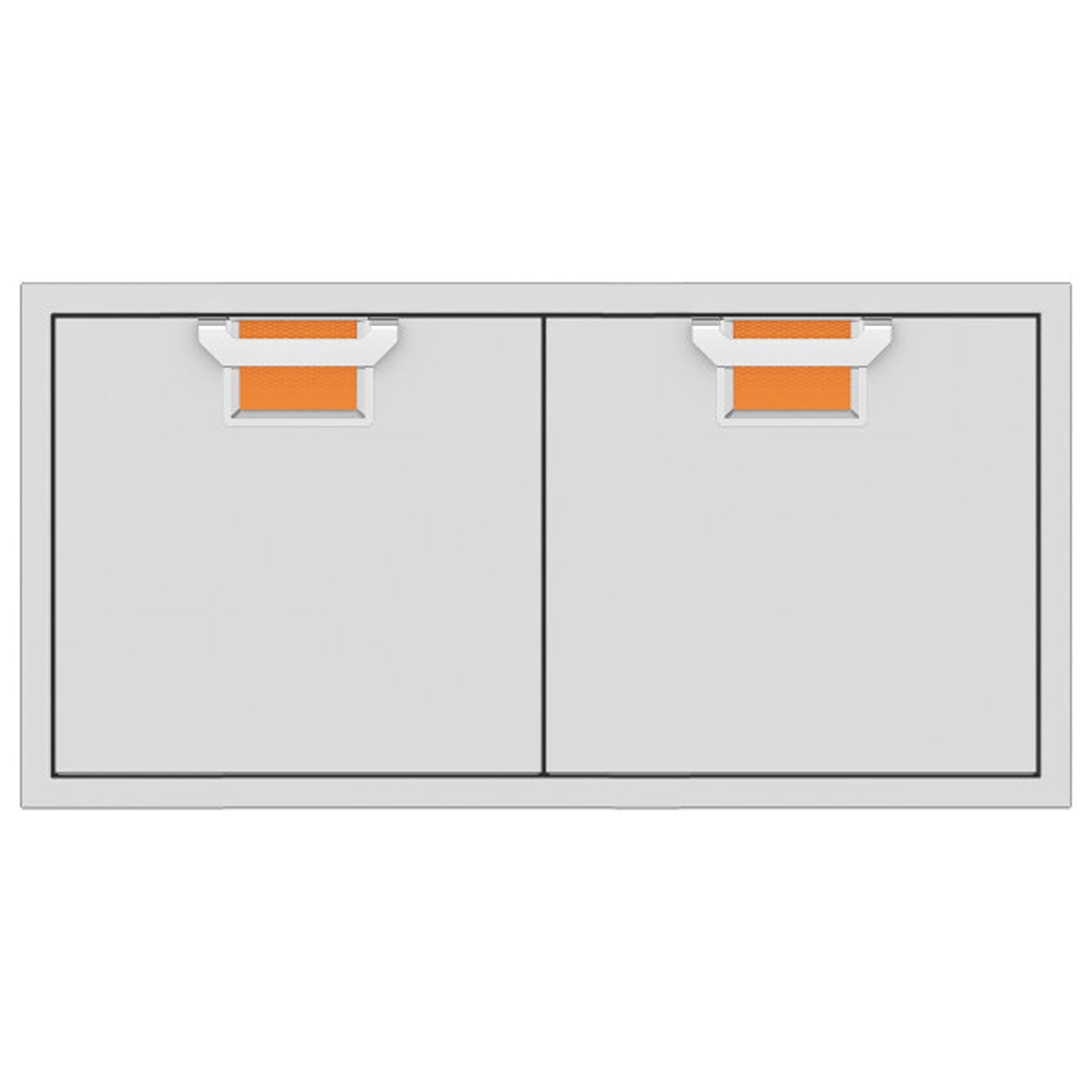 Double access doors with two light-gray panels and orange vent inserts at the top