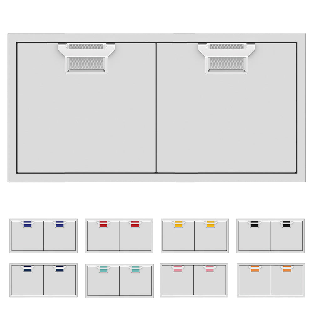 Double access doors with two gray panels and matching gray vent openings at the top