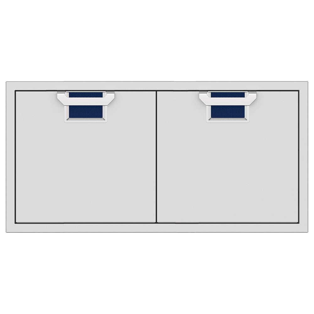Double access doors with two light-gray panels and dark blue vent inserts at the top