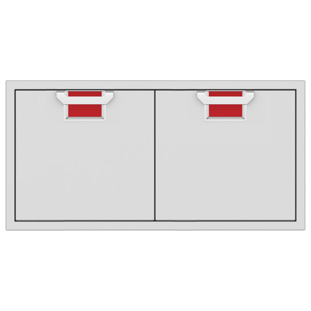 Double access doors with two light-gray panels and red vent inserts at the top