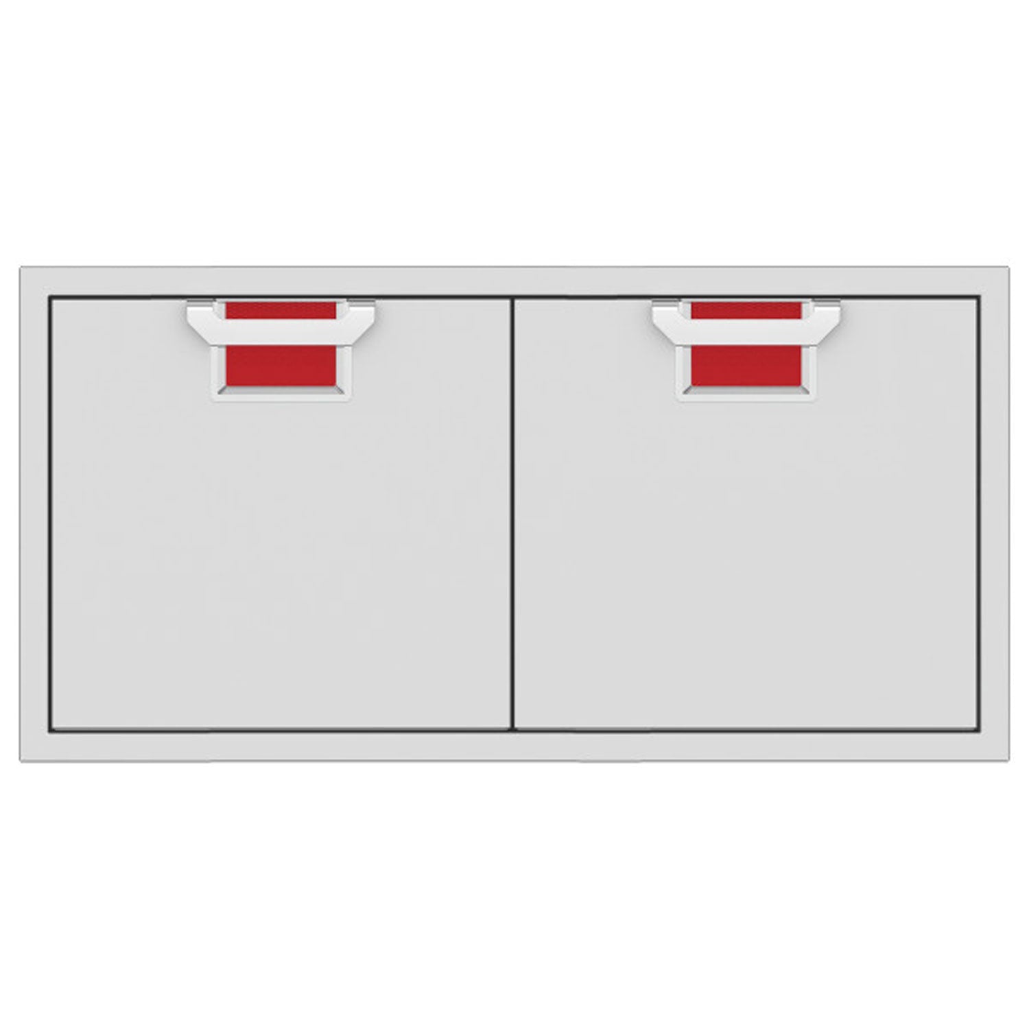 Double access doors with two light-gray panels and red vent inserts at the top