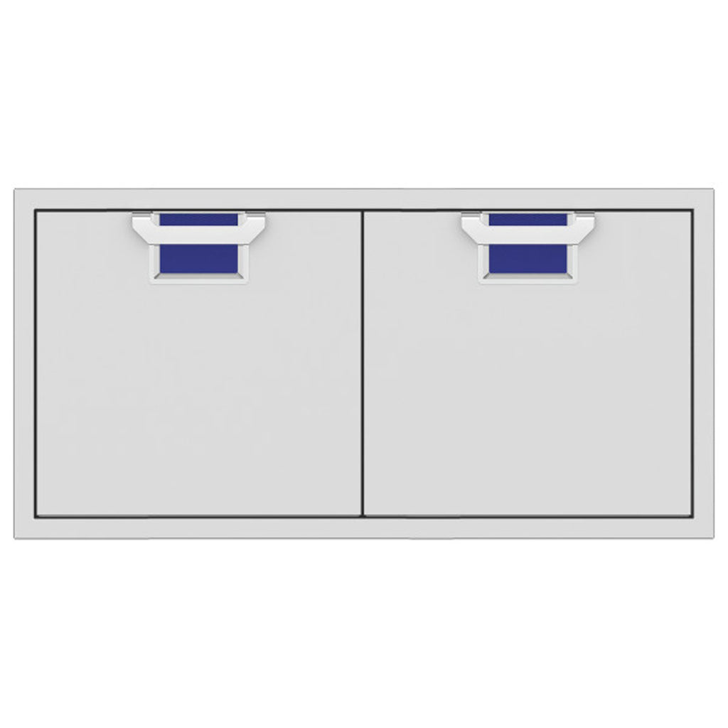 Double access doors with two light-gray panels and blue vent inserts at the top