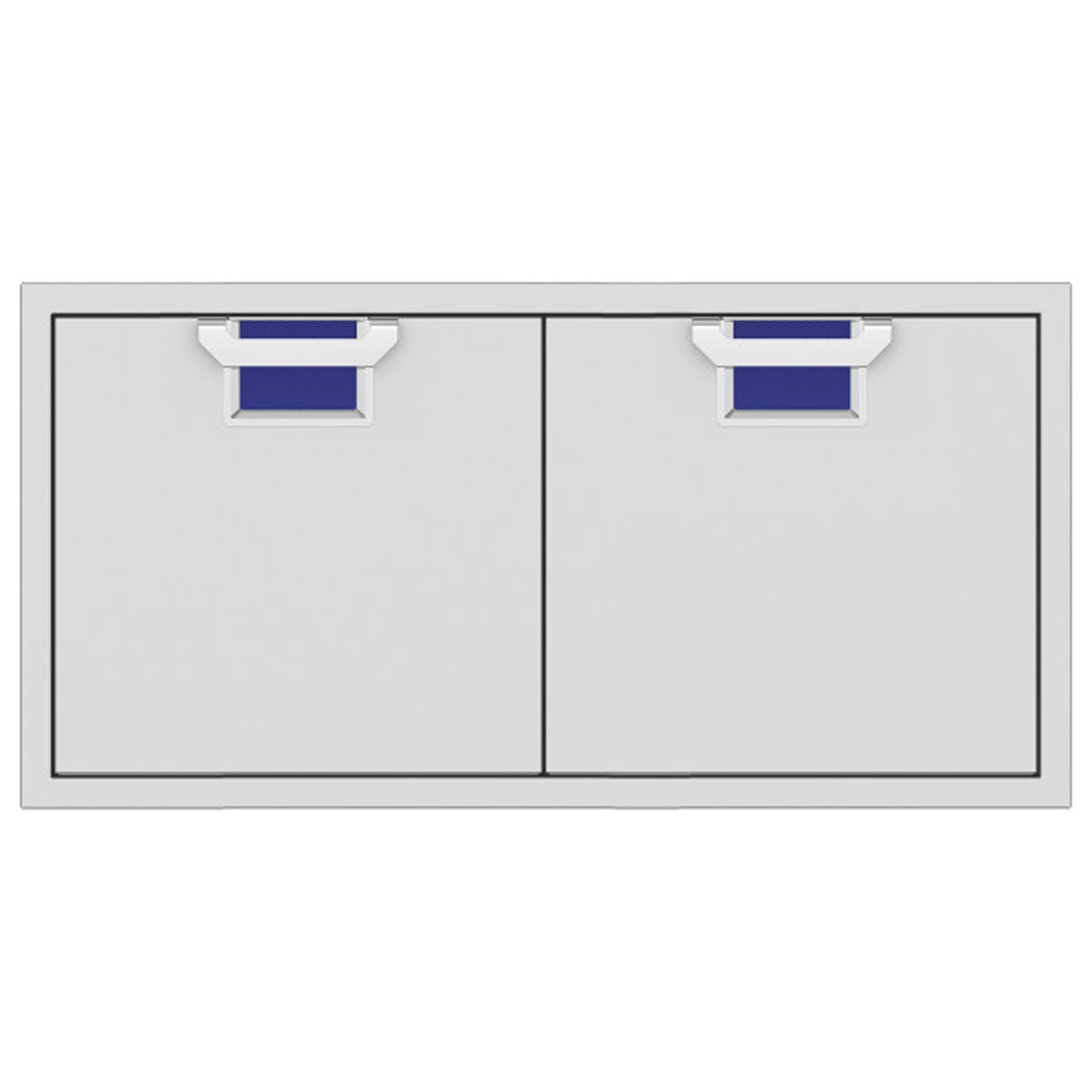 Double access doors with two light-gray panels and blue vent inserts at the top
