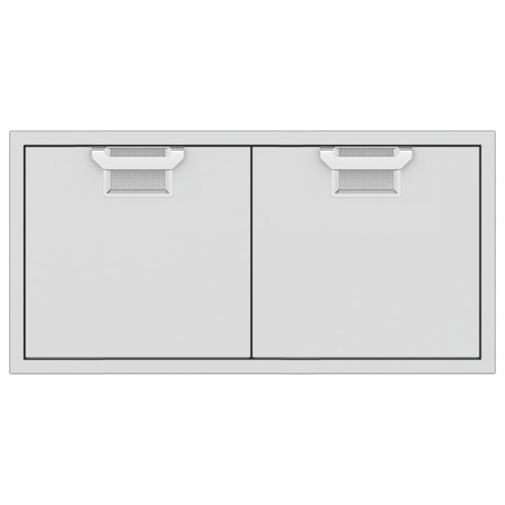 Double access doors with two light-gray panels and gray vent openings near the top