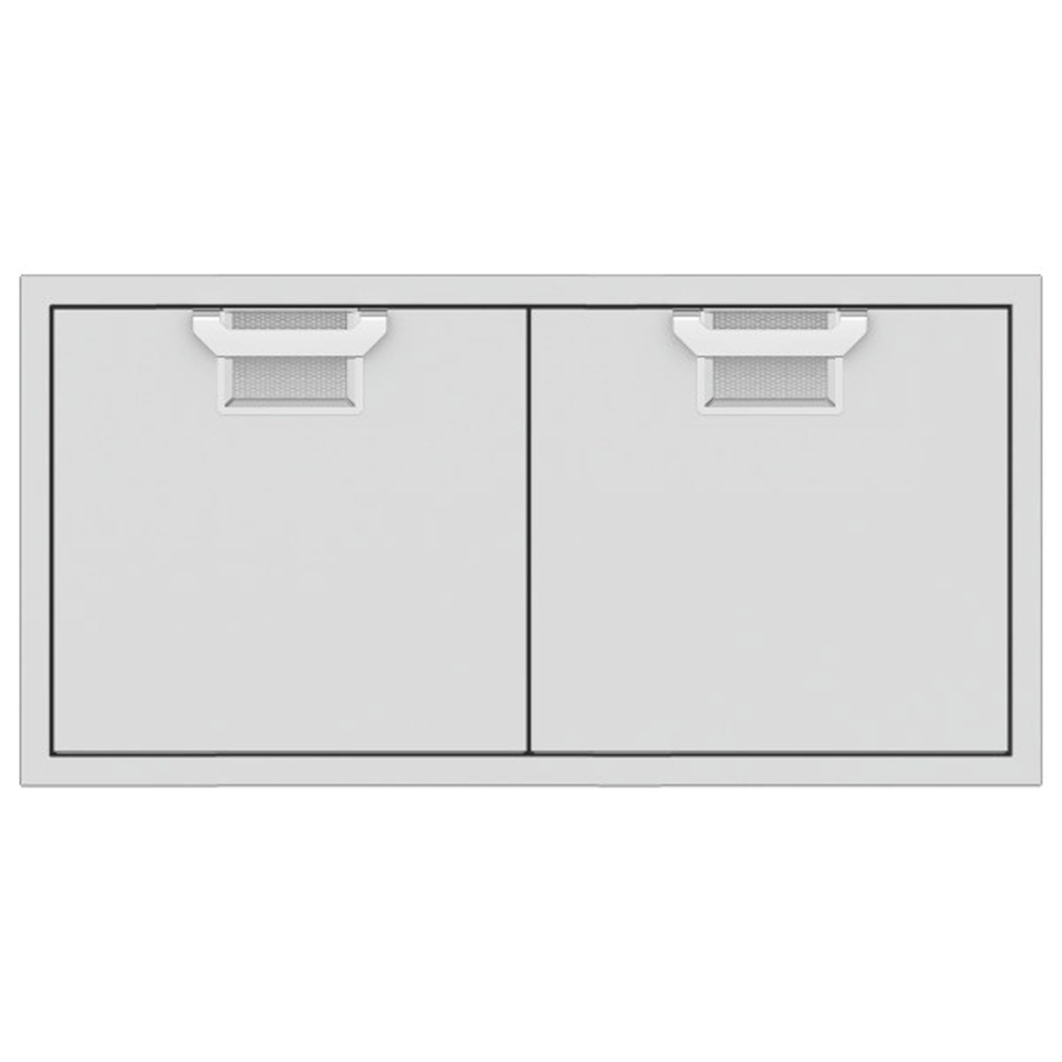 Double access doors with two light-gray panels and gray vent openings near the top