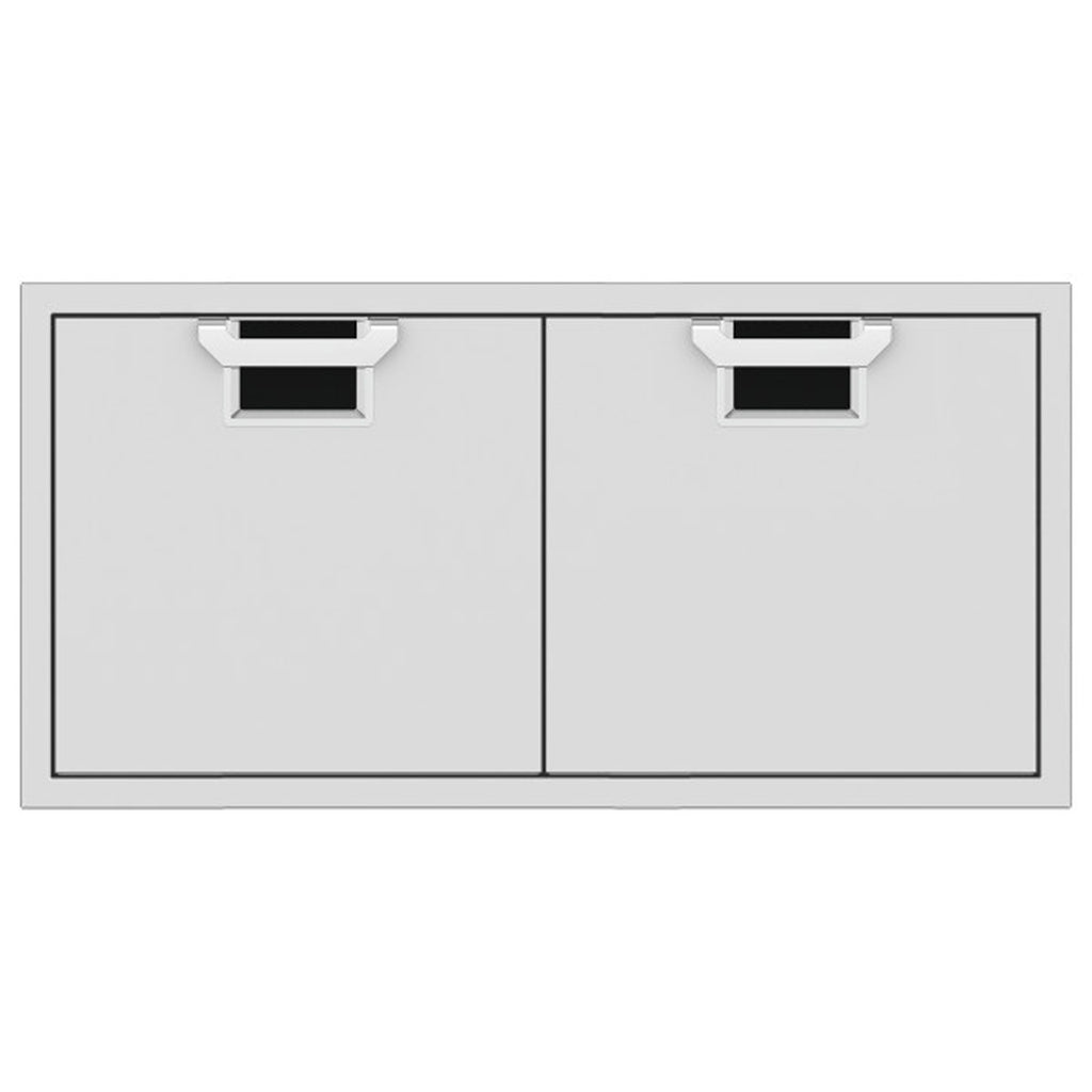 Double access doors with two light-gray panels and dark vent openings at the top