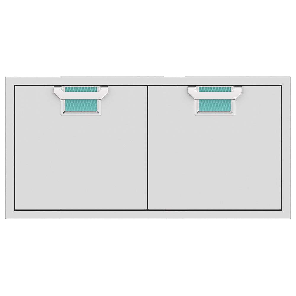 Double access doors with two light-gray panels and teal vent inserts at the top