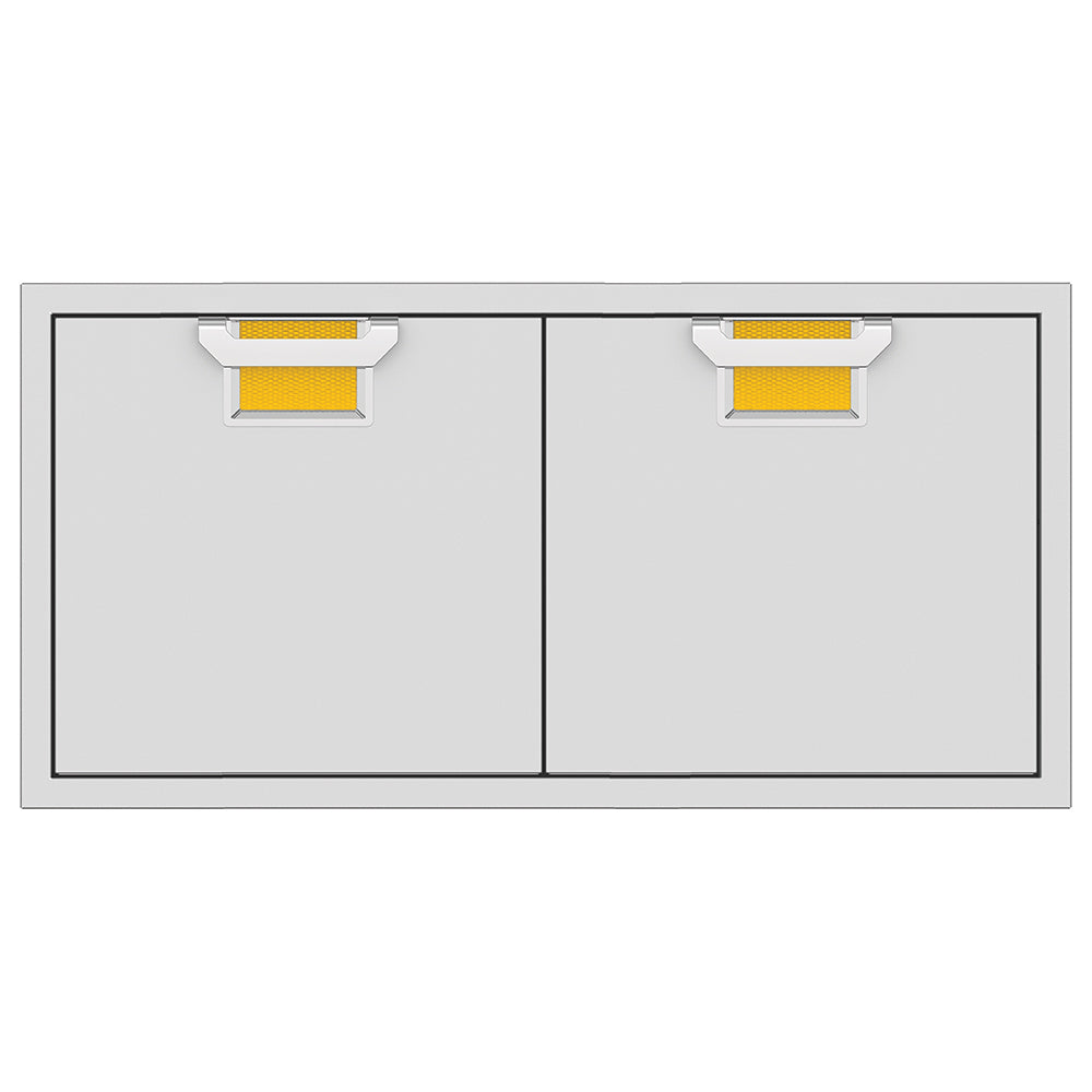 Double access doors with two light-gray panels and yellow vent inserts at the top