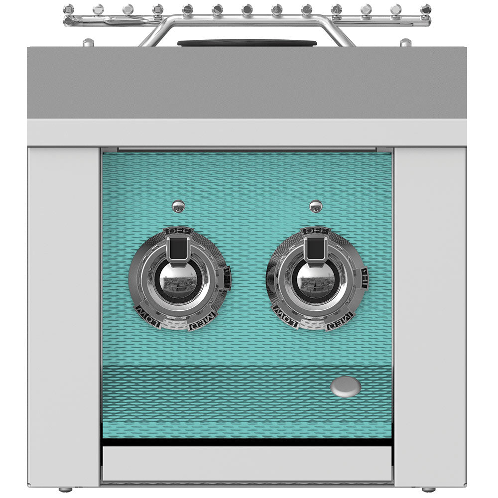 Double side burner with two control knobs and teal panel in stainless steel housing