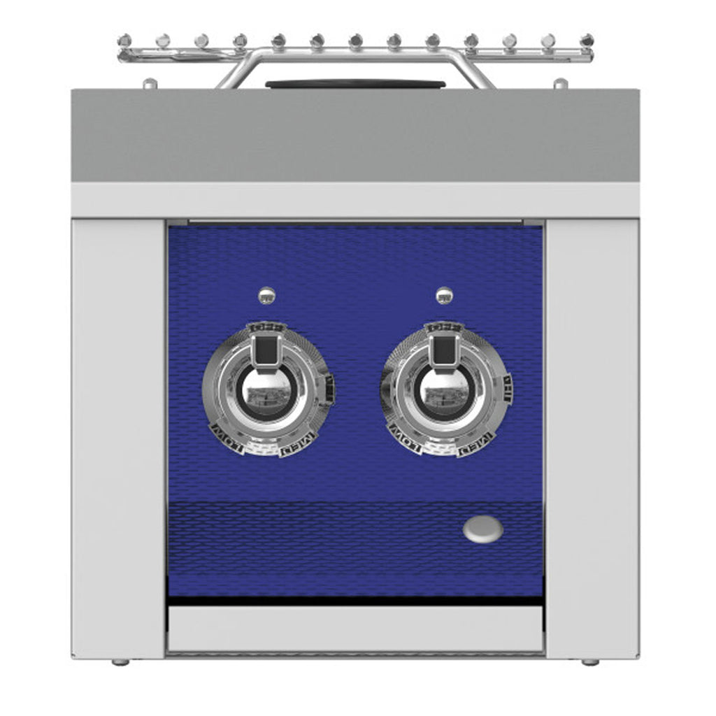 Double side burner with two control knobs and blue panel in stainless steel housing