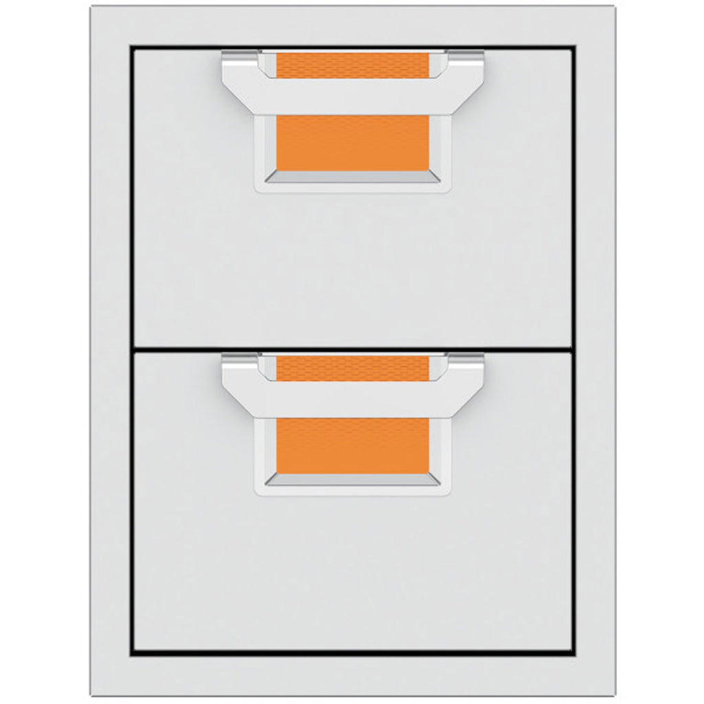 Double storage drawers with two open bins and orange insert panels
