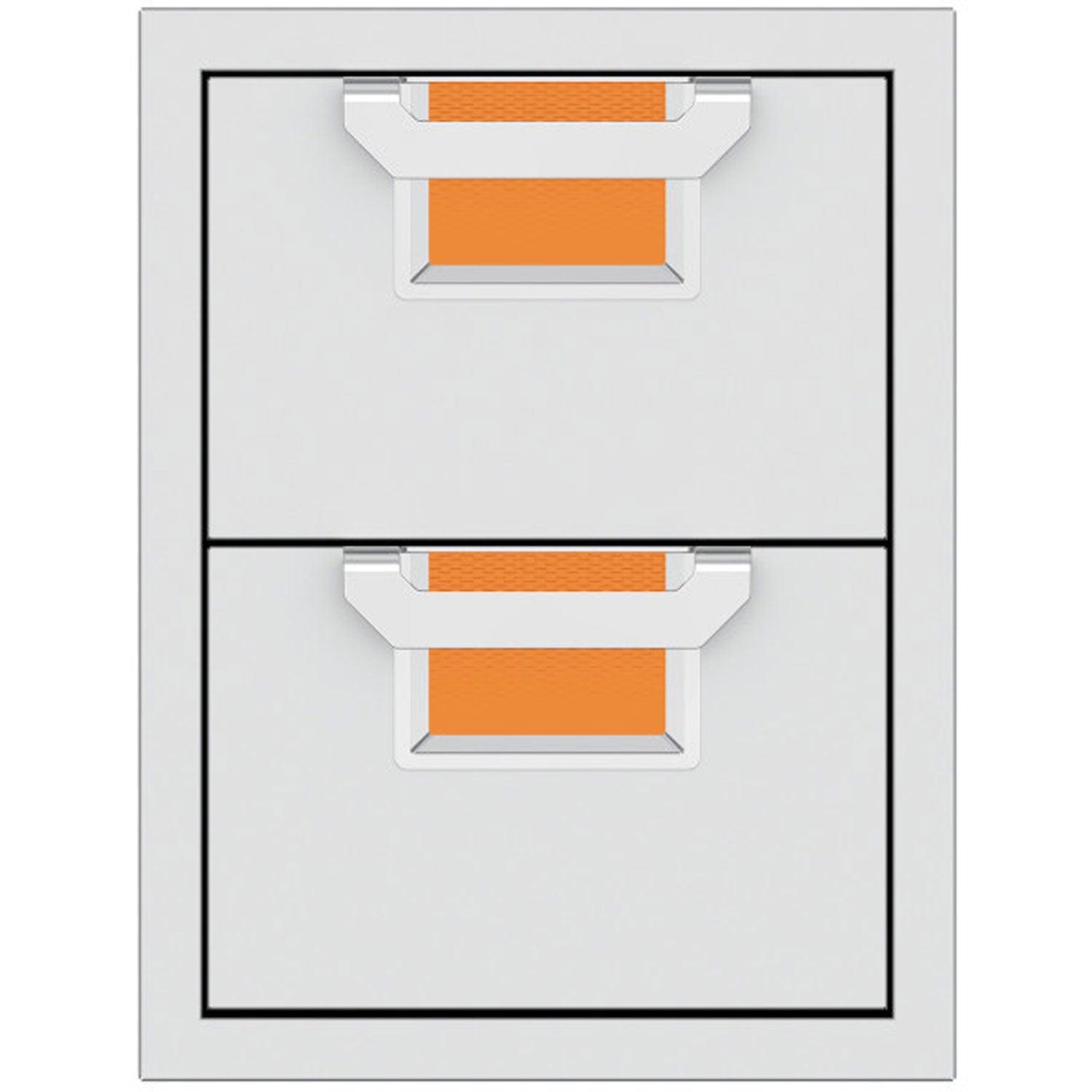 Double storage drawers with two open bins and orange insert panels