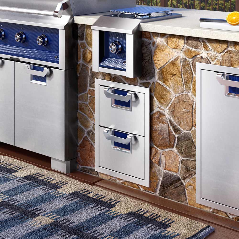 Double storage drawer unit with two pull-out drawers and blue handle inserts