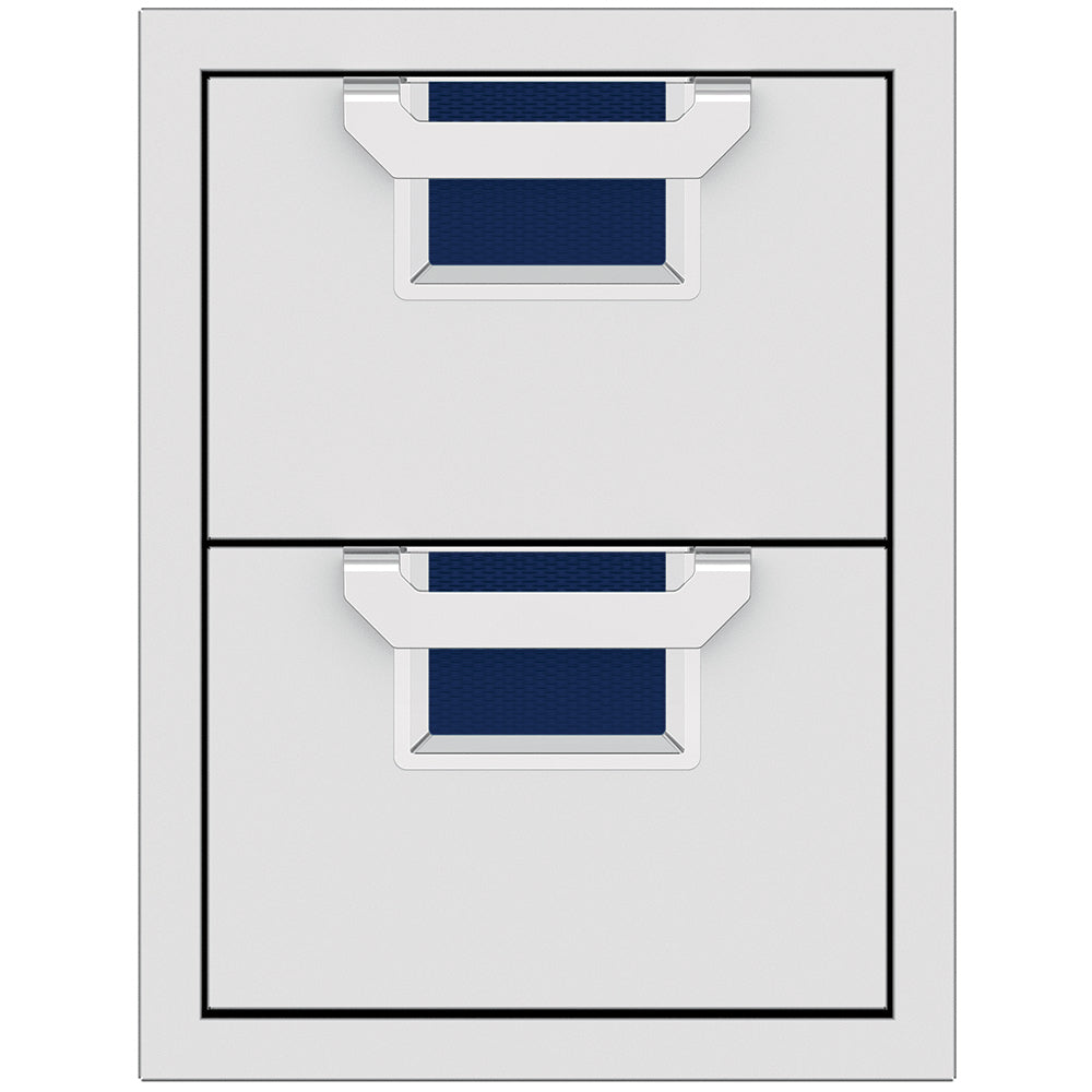 Double storage drawers with two open bins and dark blue insert panels