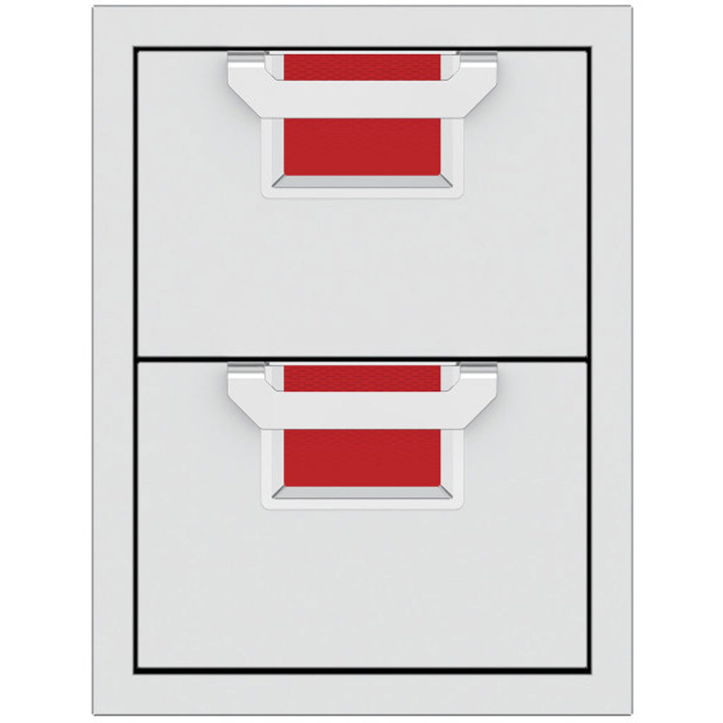 Double storage drawers with two open bins and red insert panels