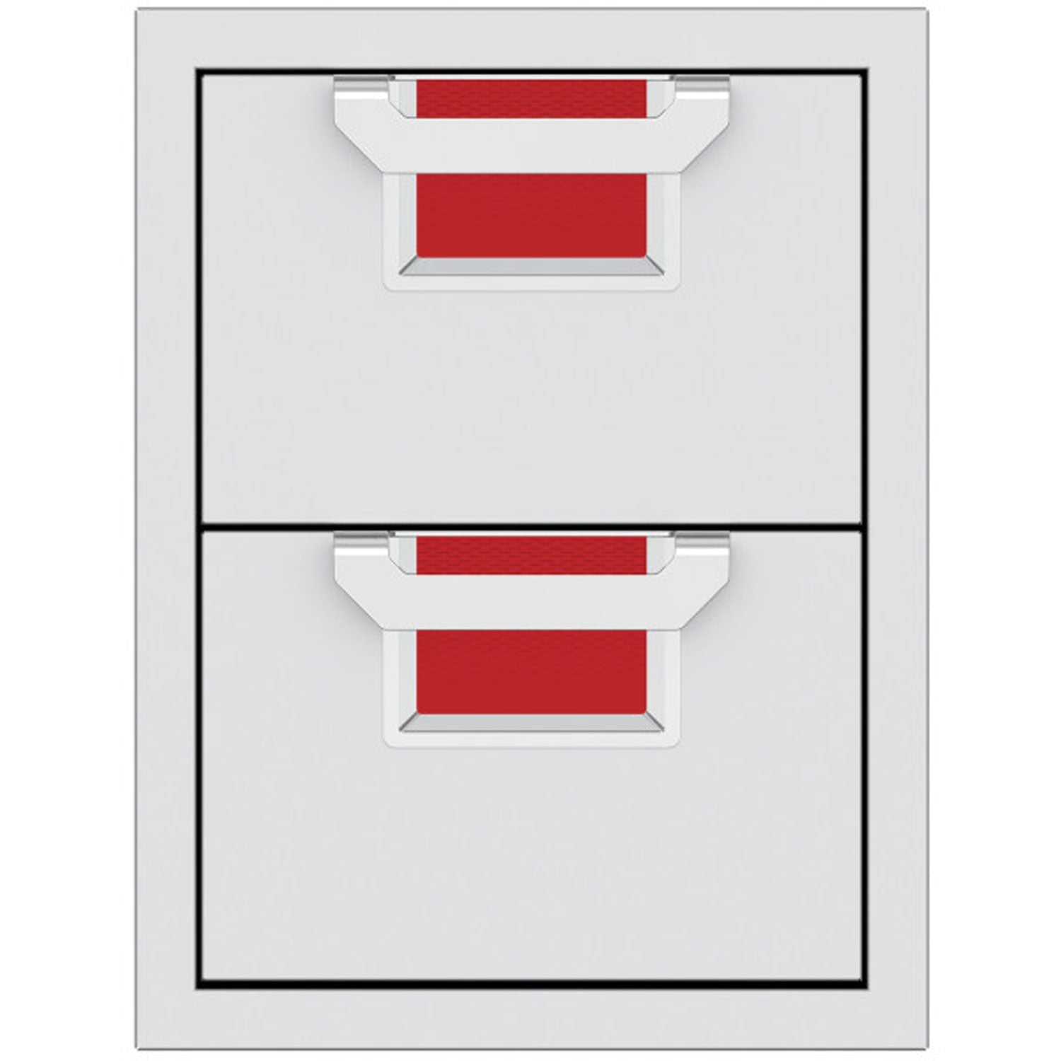 Double storage drawers with two open bins and red insert panels