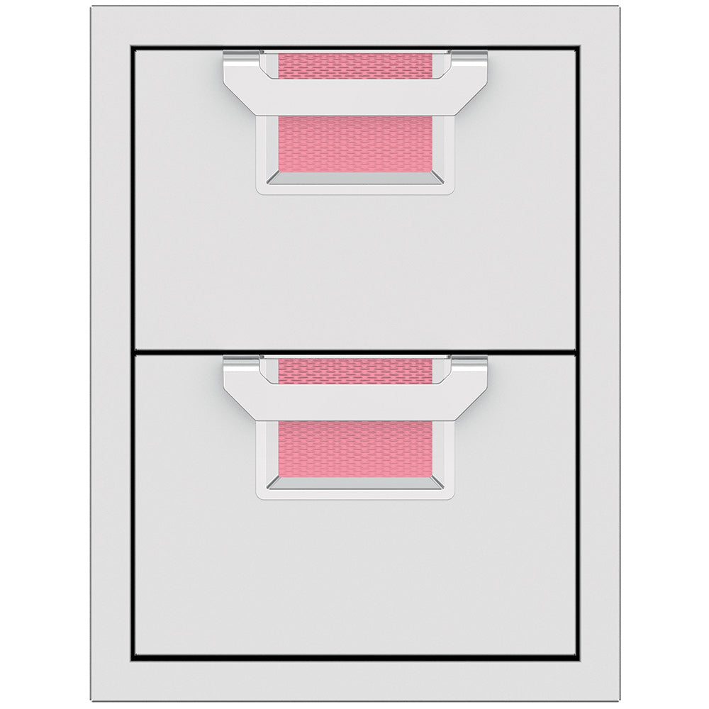 Double storage drawers with two open bins and pink insert panels