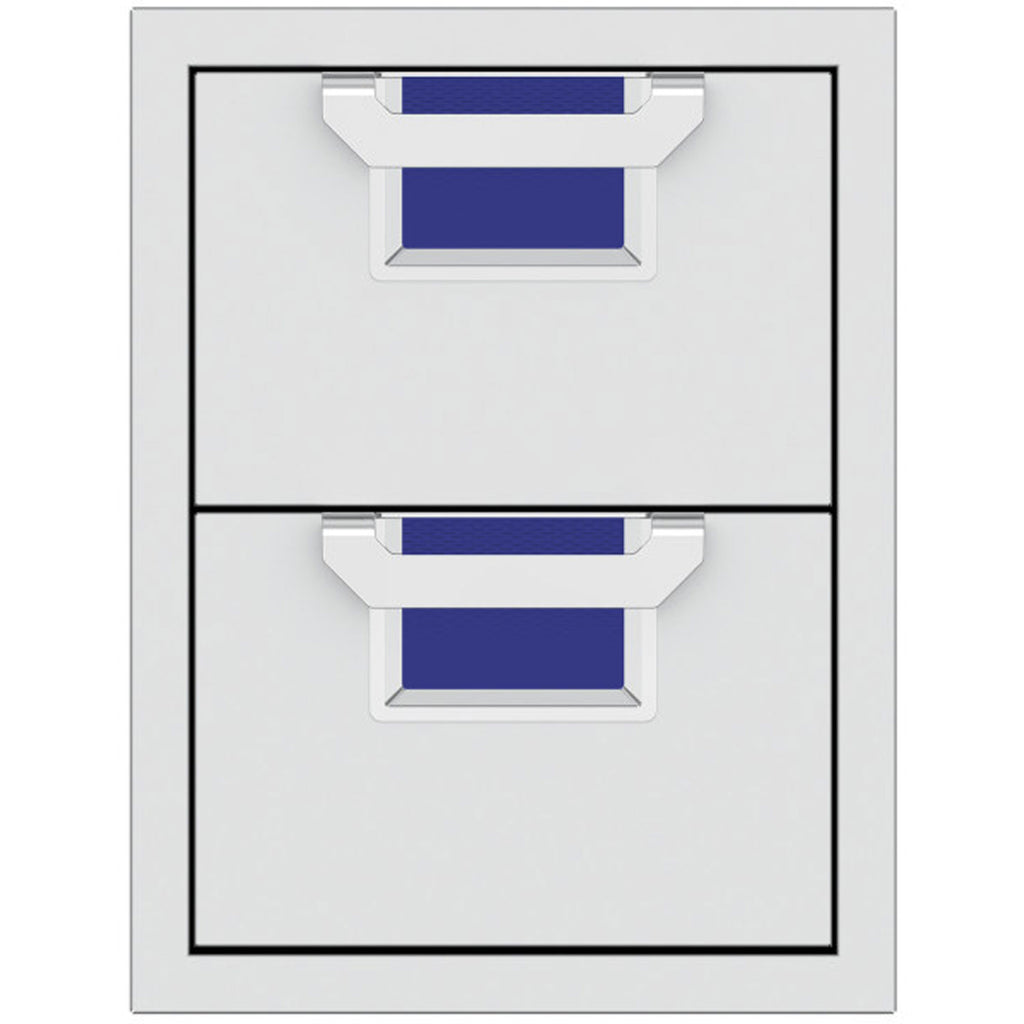 Double storage drawers with two open bins and blue insert panels