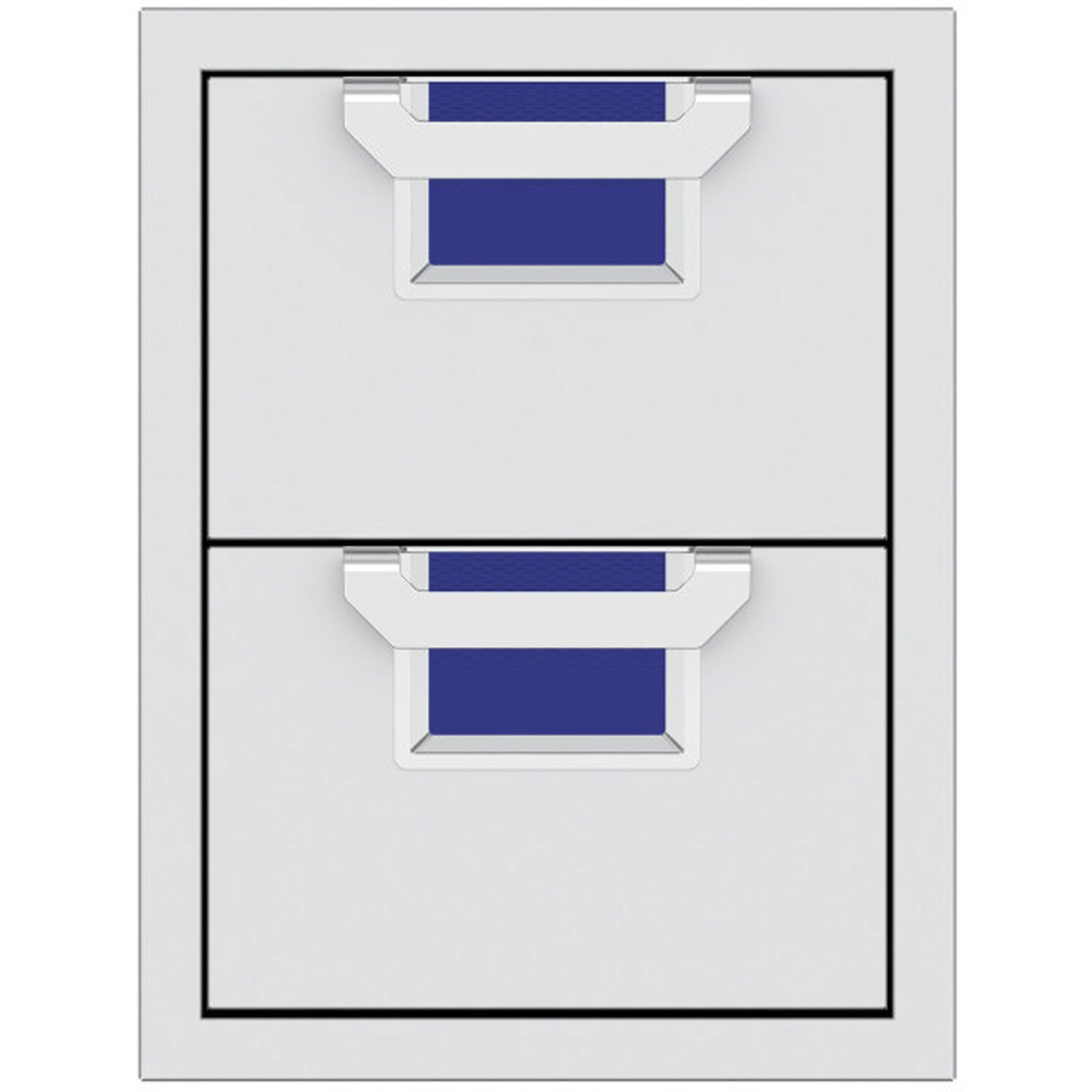 Double storage drawers with two open bins and blue insert panels
